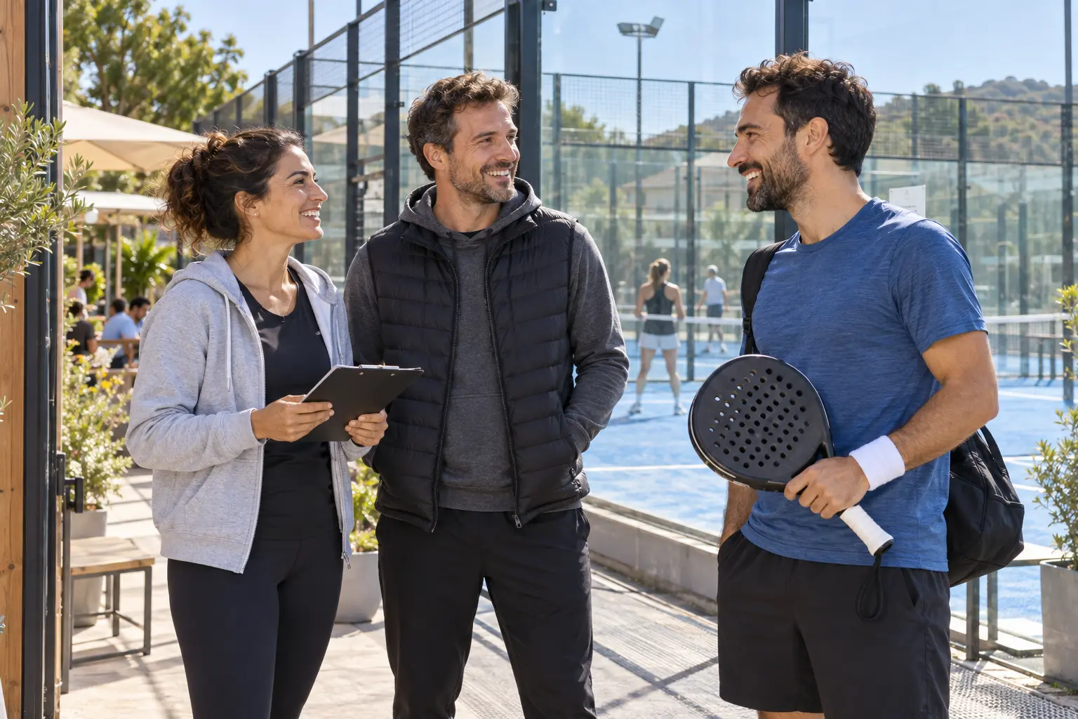 Scène illustrative d'organisateurs et d'un joueur dans un club de padel local
